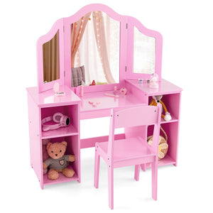 Kids Vanity Table and Chair Set with Removable Tri-Folding Mirror-Pink view 4