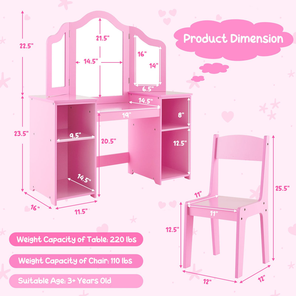Kids Vanity Table and Chair Set with Removable Tri-Folding Mirror-Pink view 5