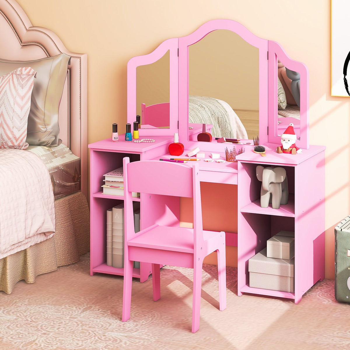 Kids Vanity Table and Chair Set with Removable Tri-Folding Mirror-Pink view 6