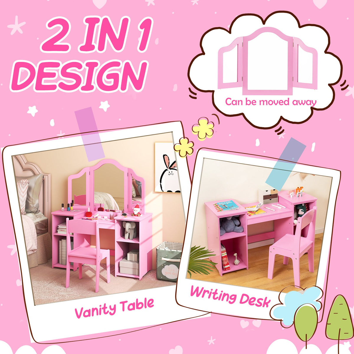 Kids Vanity Table and Chair Set with Removable Tri-Folding Mirror-Pink view 7