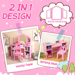Kids Vanity Table and Chair Set with Removable Tri-Folding Mirror-Pink view 7