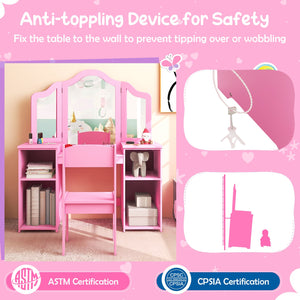 Kids Vanity Table and Chair Set with Removable Tri-Folding Mirror-Pink view 8
