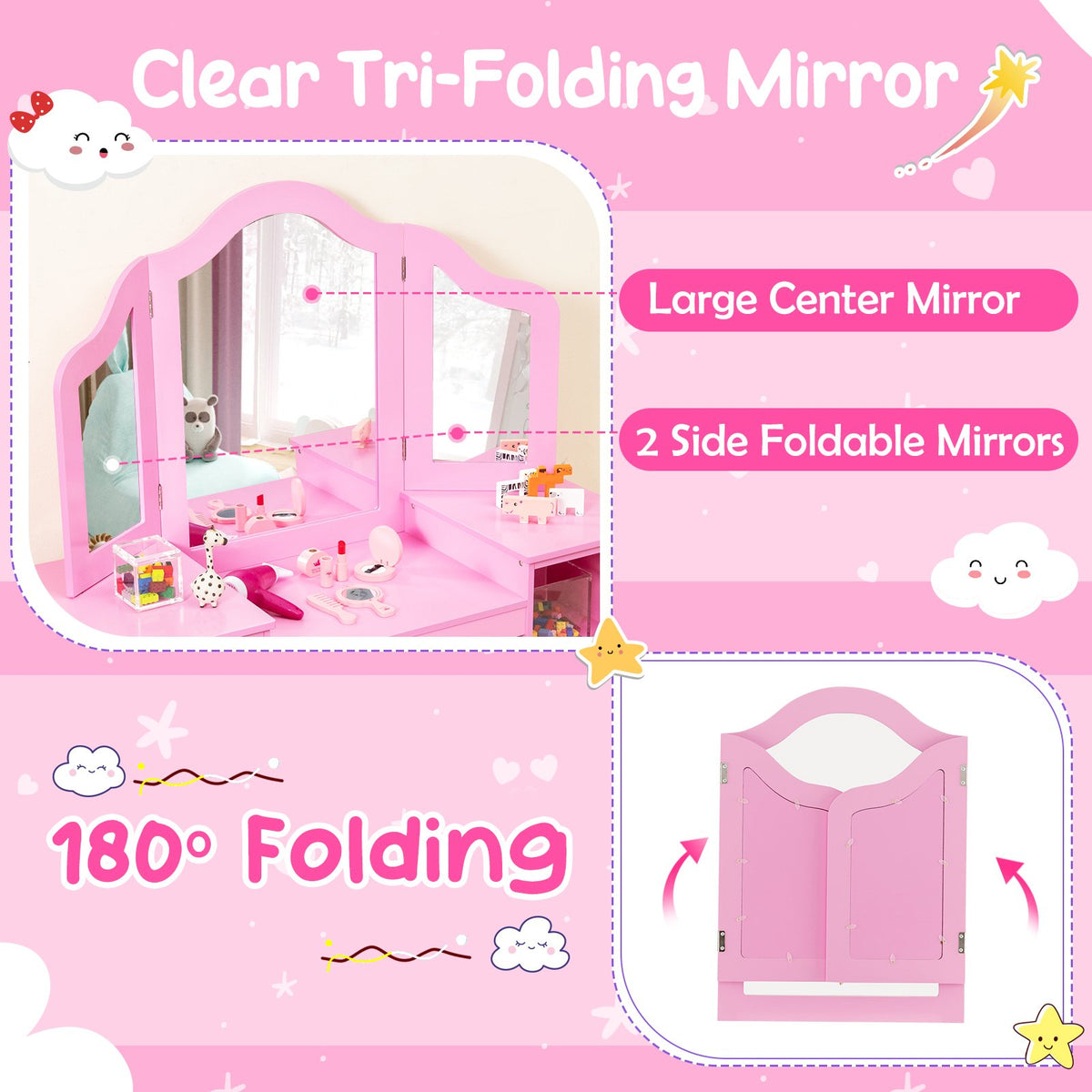 Kids Vanity Table and Chair Set with Removable Tri-Folding Mirror-Pink view 9