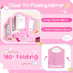 Kids Vanity Table and Chair Set with Removable Tri-Folding Mirror-Pink view 9