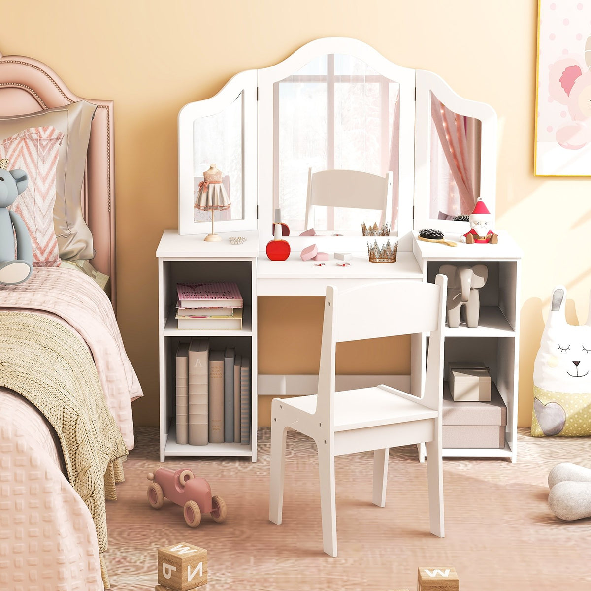 Kids Vanity Table and Chair Set with Removable Tri-Folding Mirror-White view 3