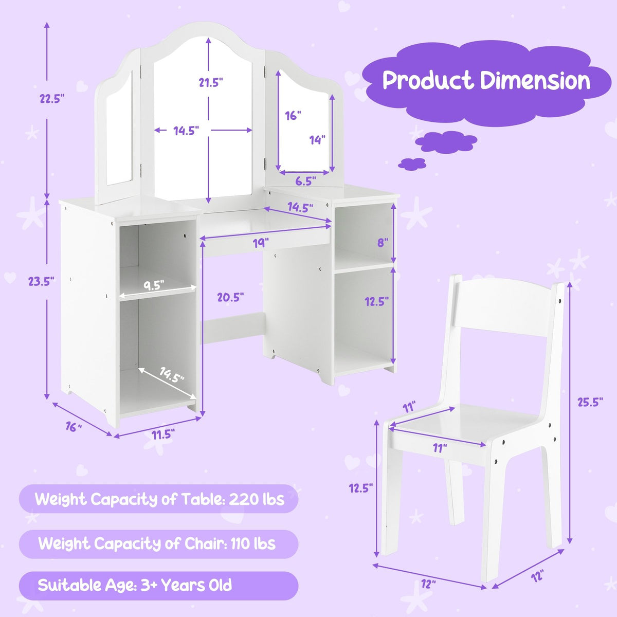 Kids Vanity Table and Chair Set with Removable Tri-Folding Mirror-White view 5