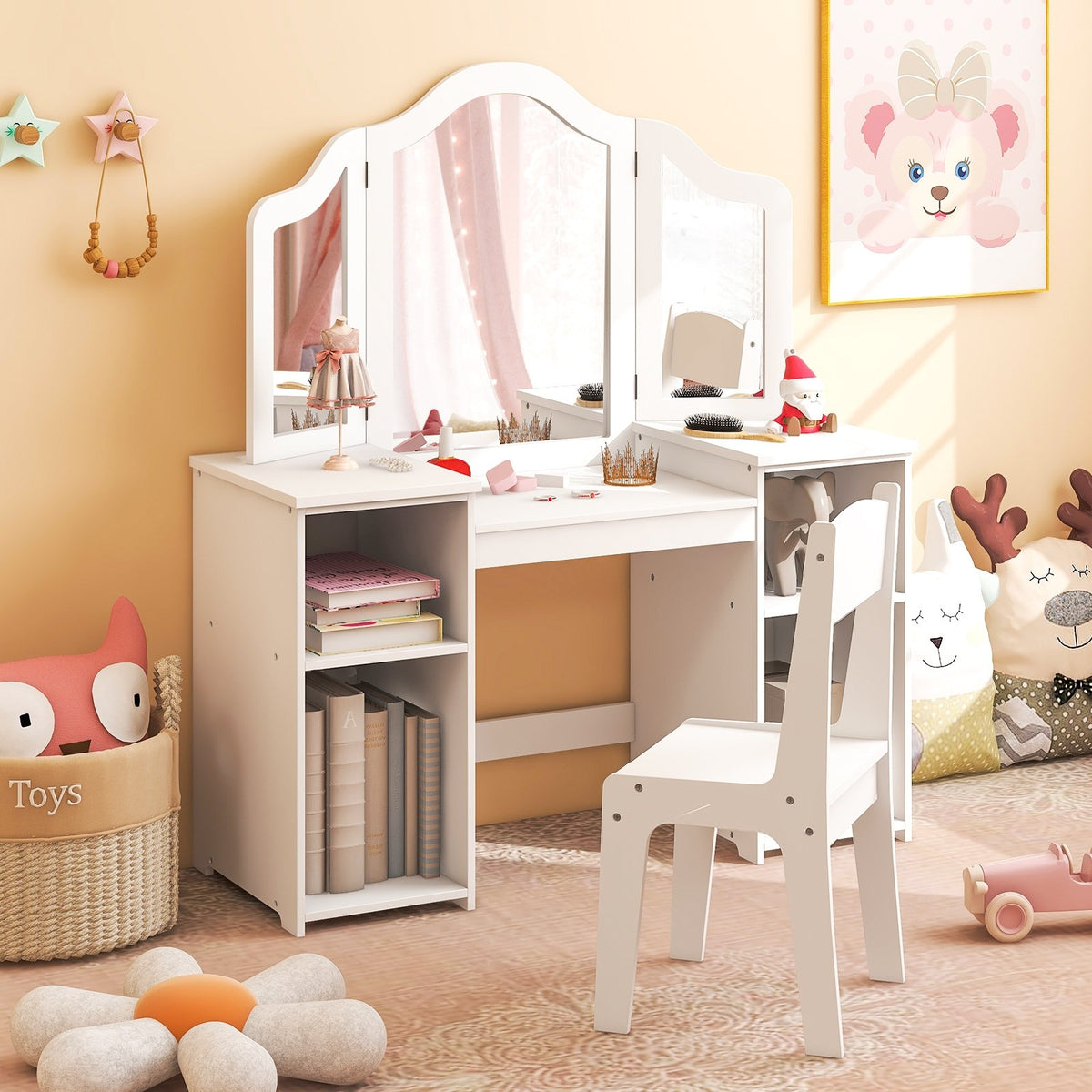 Kids Vanity Table and Chair Set with Removable Tri-Folding Mirror-White view 6