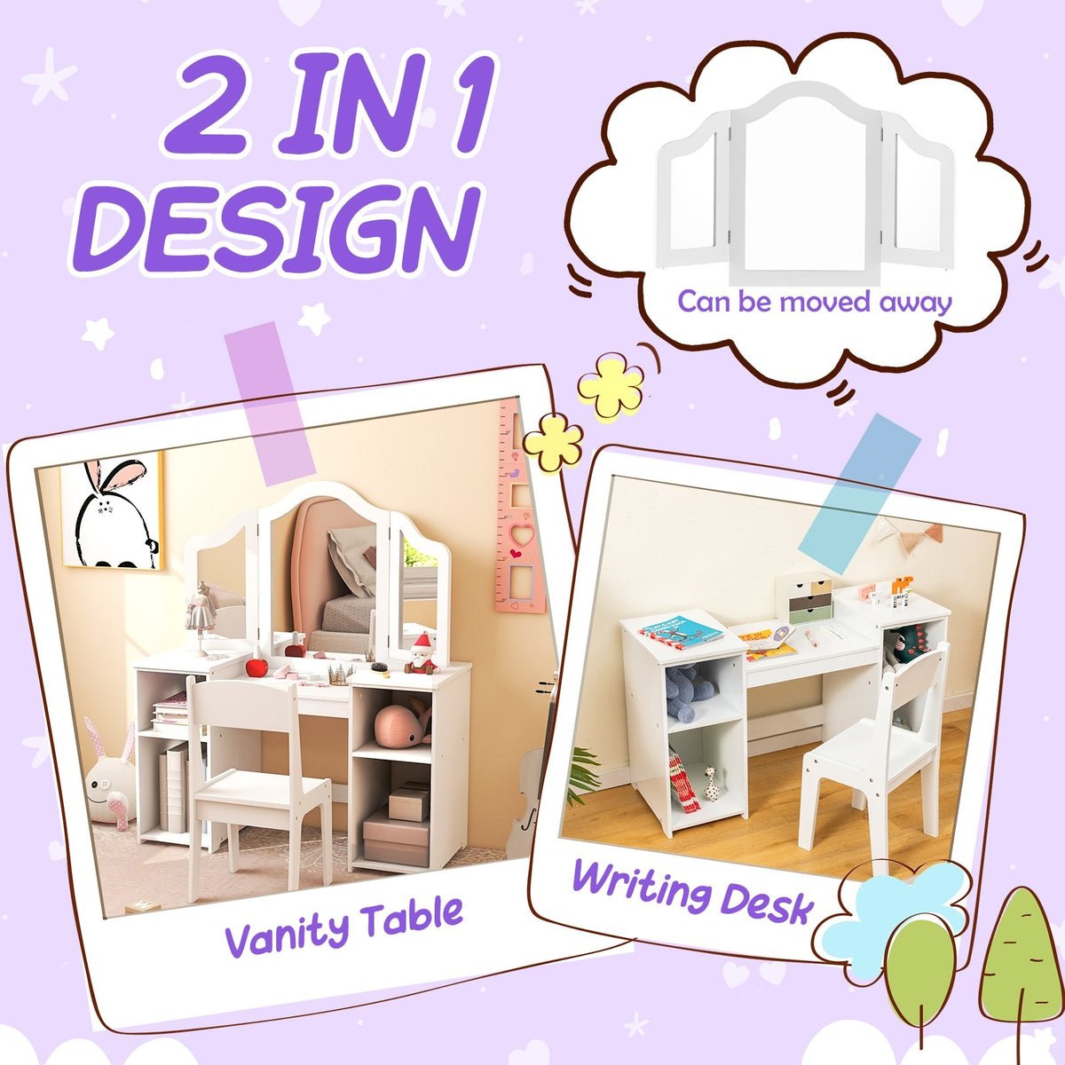 Kids Vanity Table and Chair Set with Removable Tri-Folding Mirror-White view 7