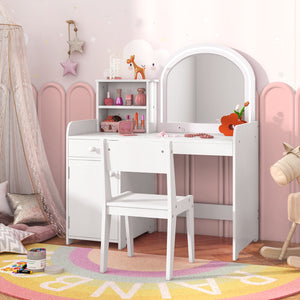 Kids Vanity Table and Chair Set with Shelves Drawer and Cabinet-White view 3