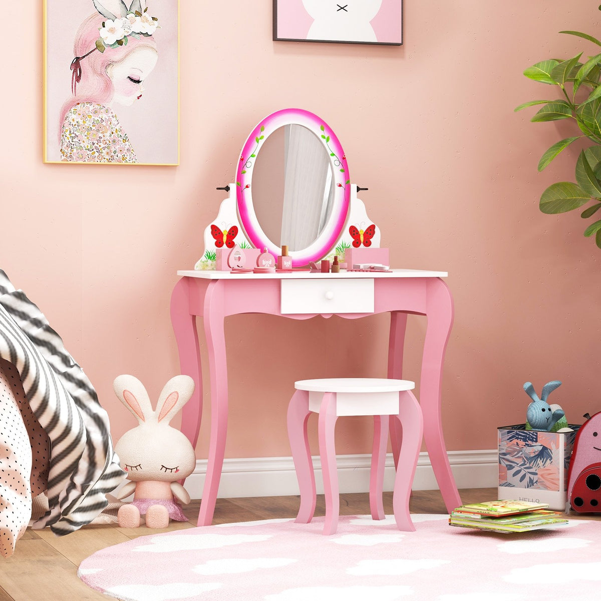 Kids Vanity Table and Stool Set with 360° Rotating Mirror and Whiteboard-Pink view 2