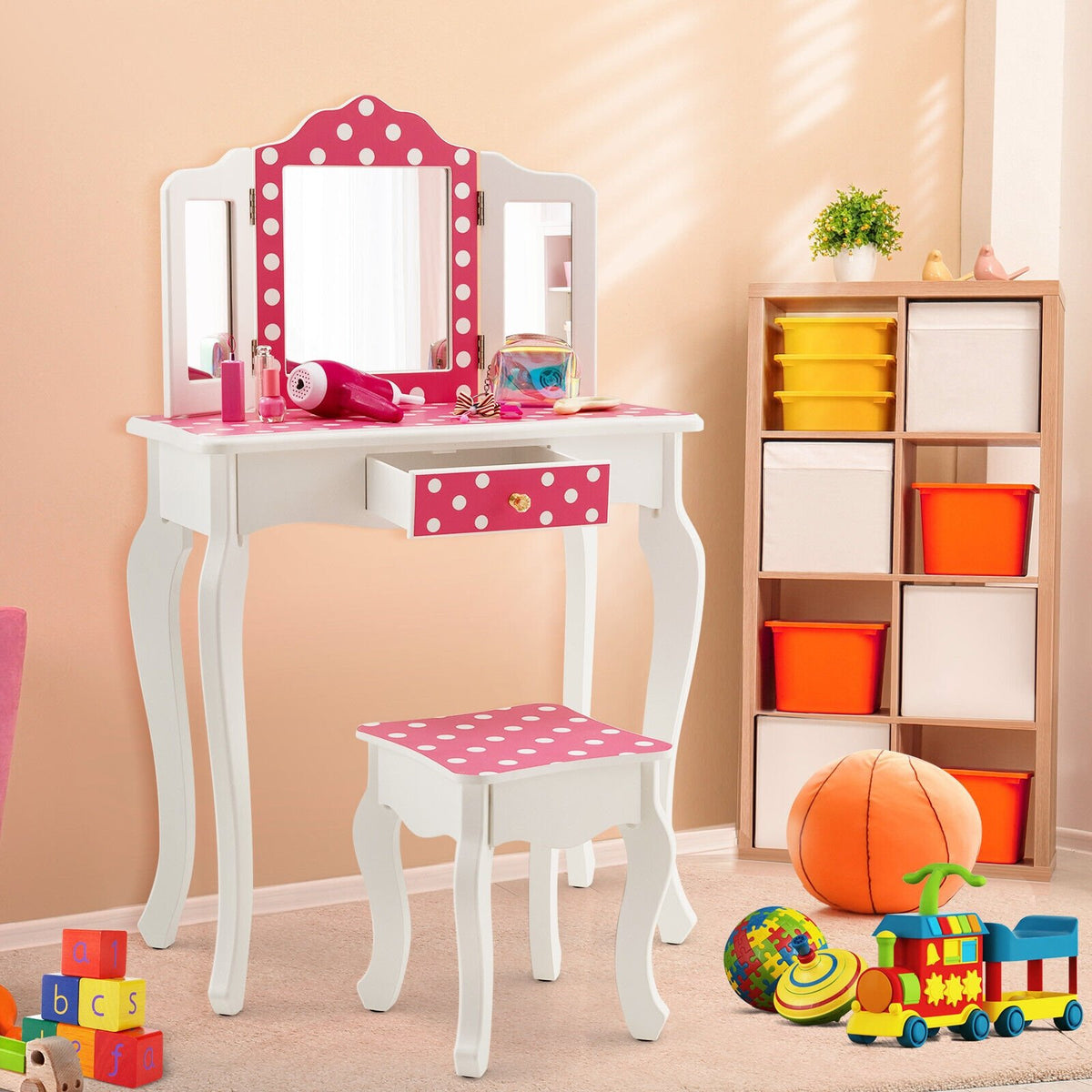Kids Vanity Table and Stool Set with Cute Polka Dot Print-Pink view 2