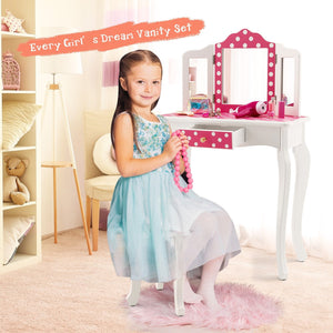Kids Vanity Table and Stool Set with Cute Polka Dot Print-Pink view 3