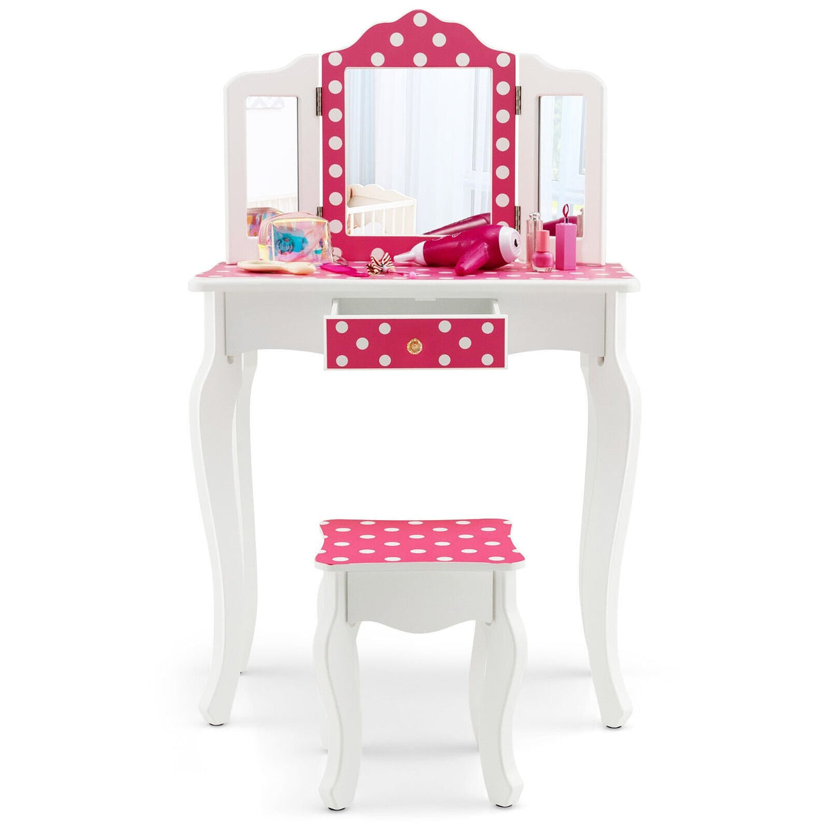 Kids Vanity Table and Stool Set with Cute Polka Dot Print-Pink view 4