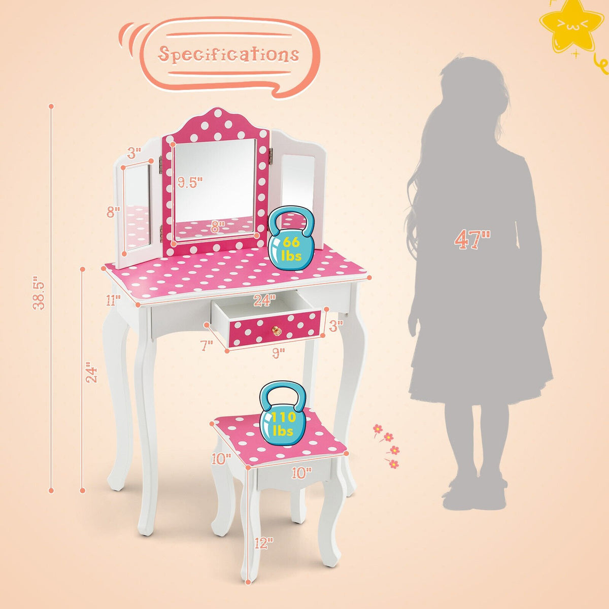 Kids Vanity Table and Stool Set with Cute Polka Dot Print-Pink view 5