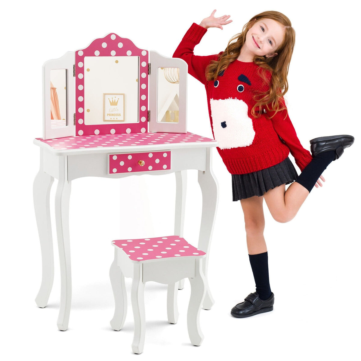 Kids Vanity Table and Stool Set with Cute Polka Dot Print-Pink view 6