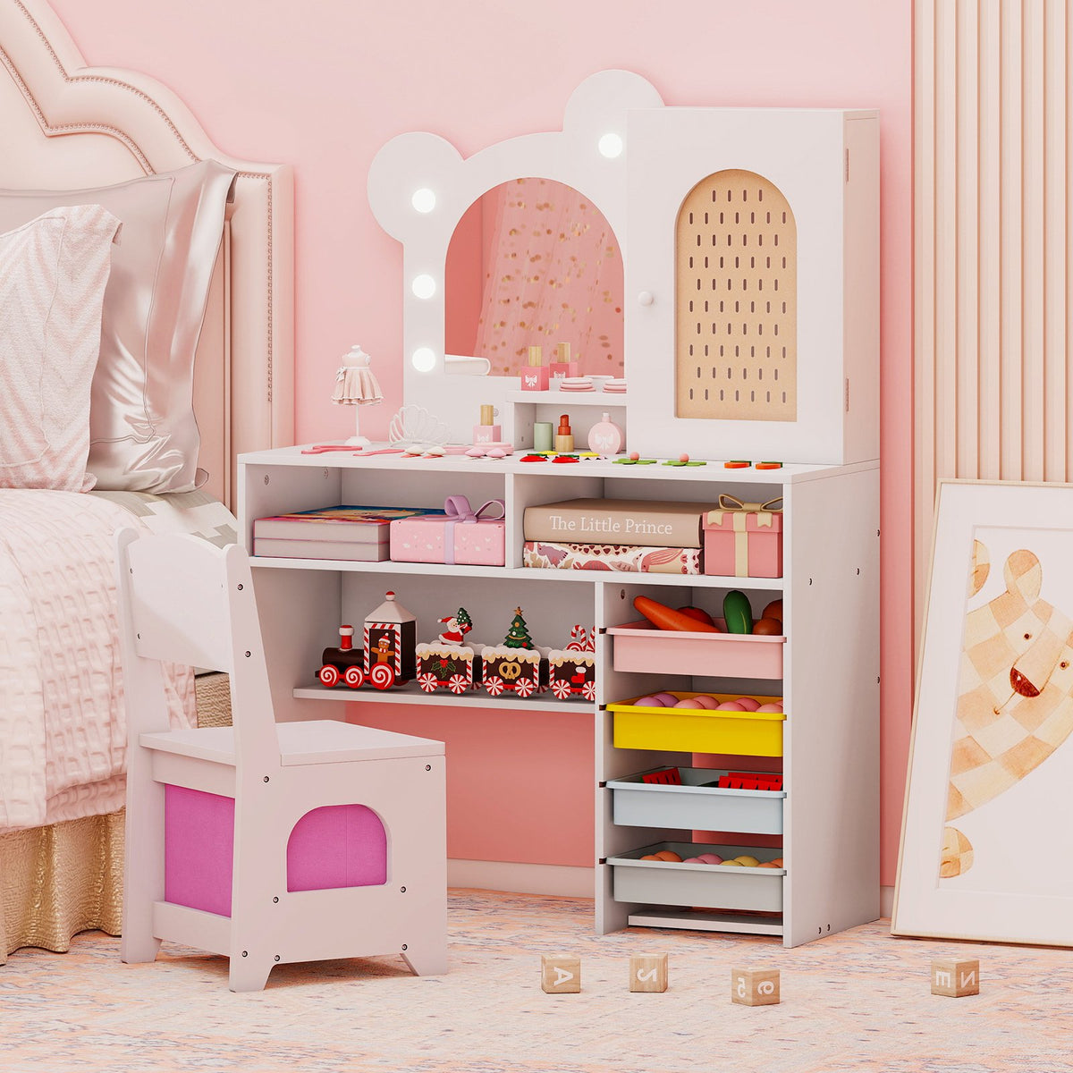 Kids Vanity with Lights and 5 Drawers for Kids Aged 3+ Years Old-White view 2