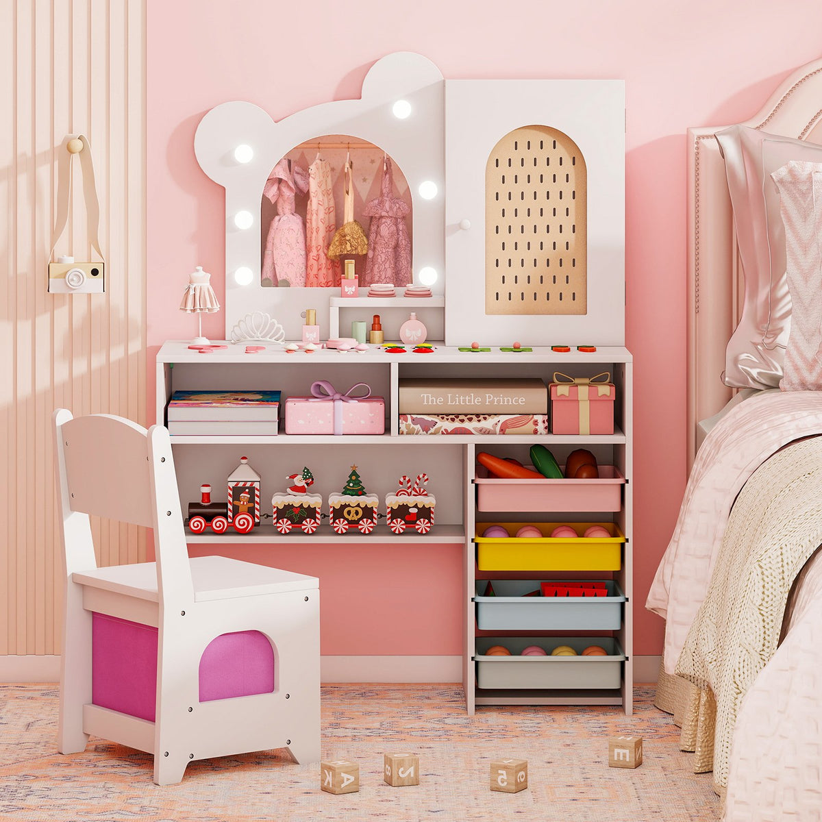 Kids Vanity with Lights and 5 Drawers for Kids Aged 3+ Years Old-White view 3