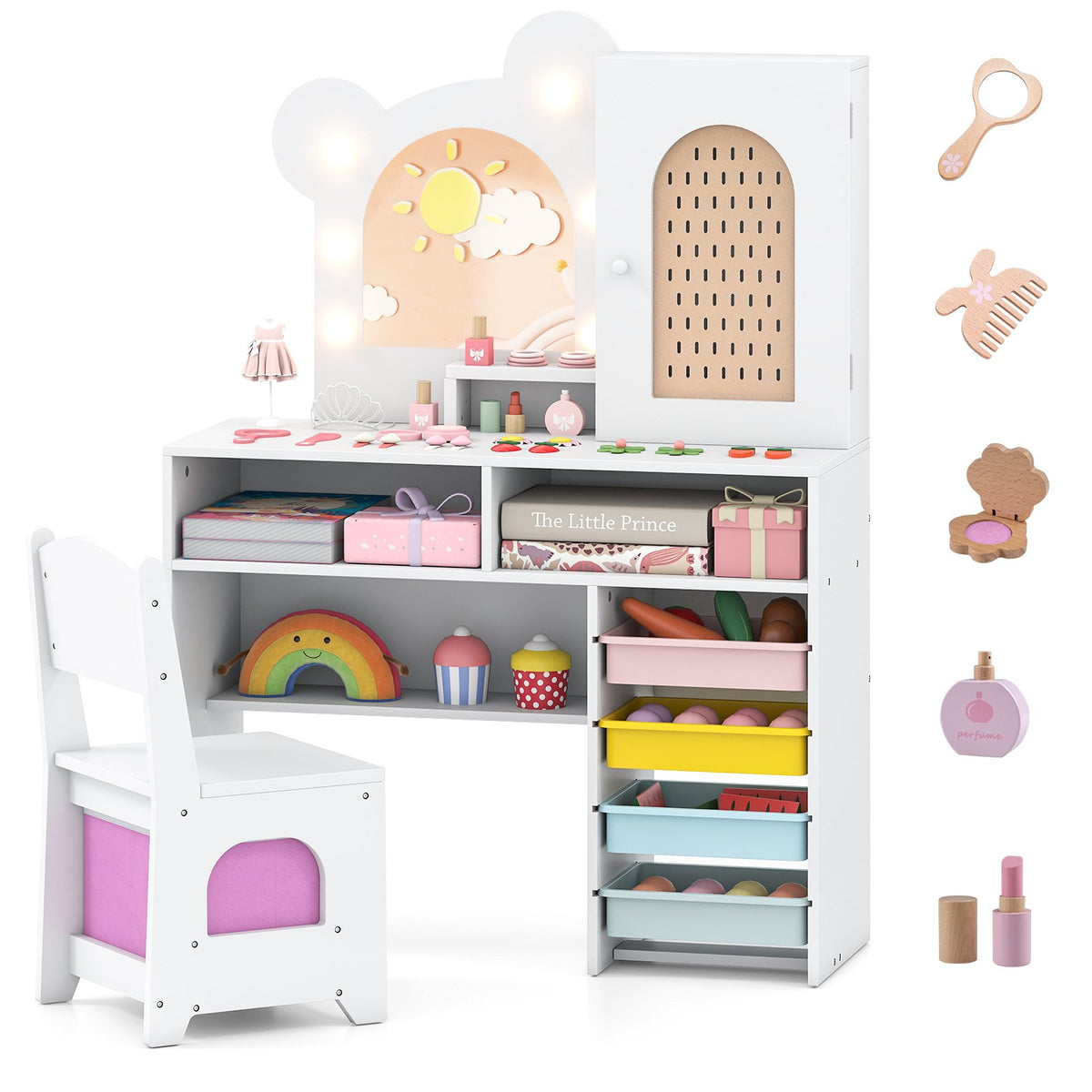 Kids Vanity with Lights and 5 Drawers for Kids Aged 3+ Years Old-White view 4