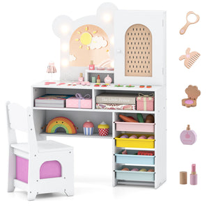 Kids Vanity with Lights and 5 Drawers for Kids Aged 3+ Years Old-White view 4