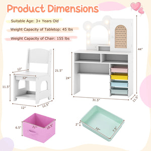 Kids Vanity with Lights and 5 Drawers for Kids Aged 3+ Years Old-White view 5