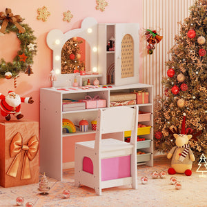Kids Vanity with Lights and 5 Drawers for Kids Aged 3+ Years Old-White view 6
