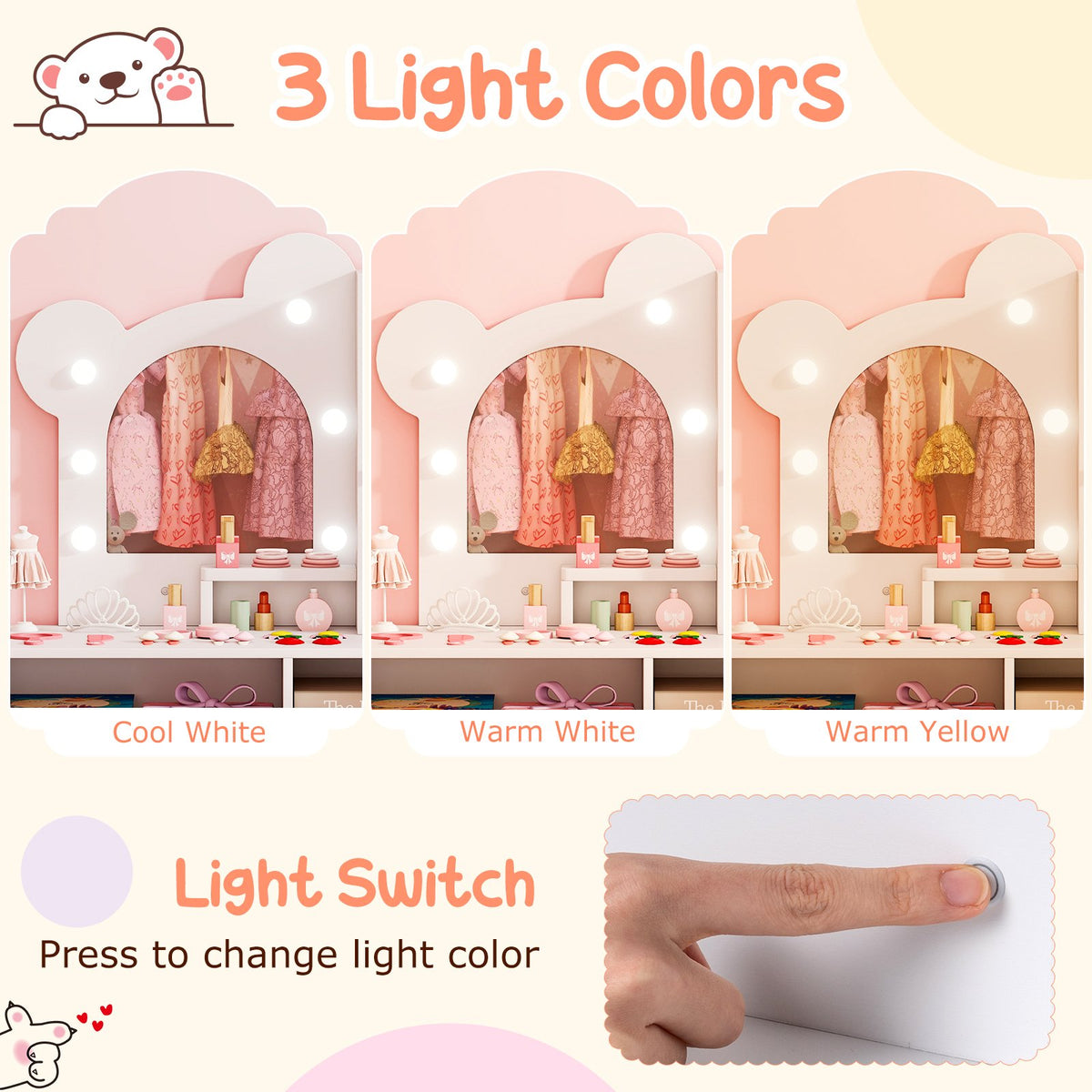 Kids Vanity with Lights and 5 Drawers for Kids Aged 3+ Years Old-White view 8