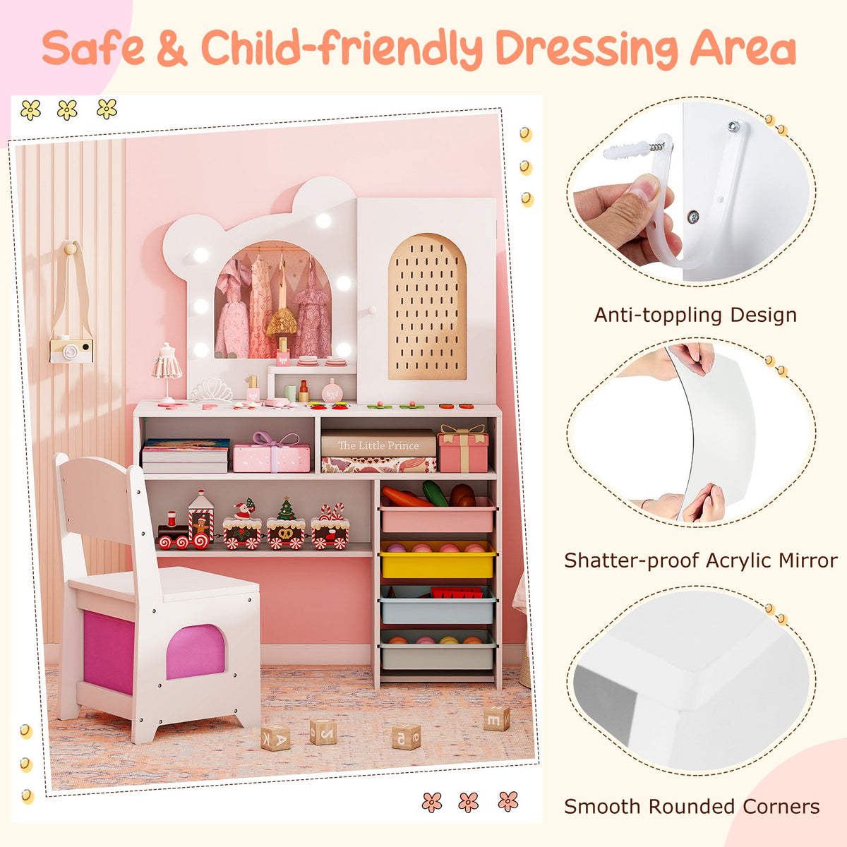 Kids Vanity with Lights and 5 Drawers for Kids Aged 3+ Years Old-White view 9