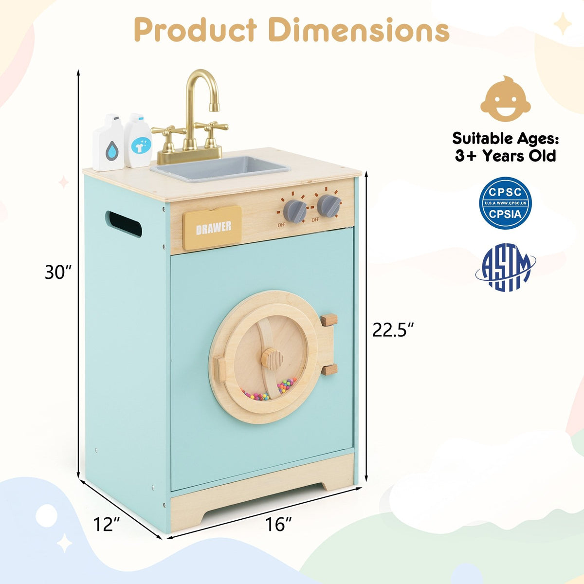 Kids Washer Playset Toy Washing Machine with Laundry Detergent-Blue view 5