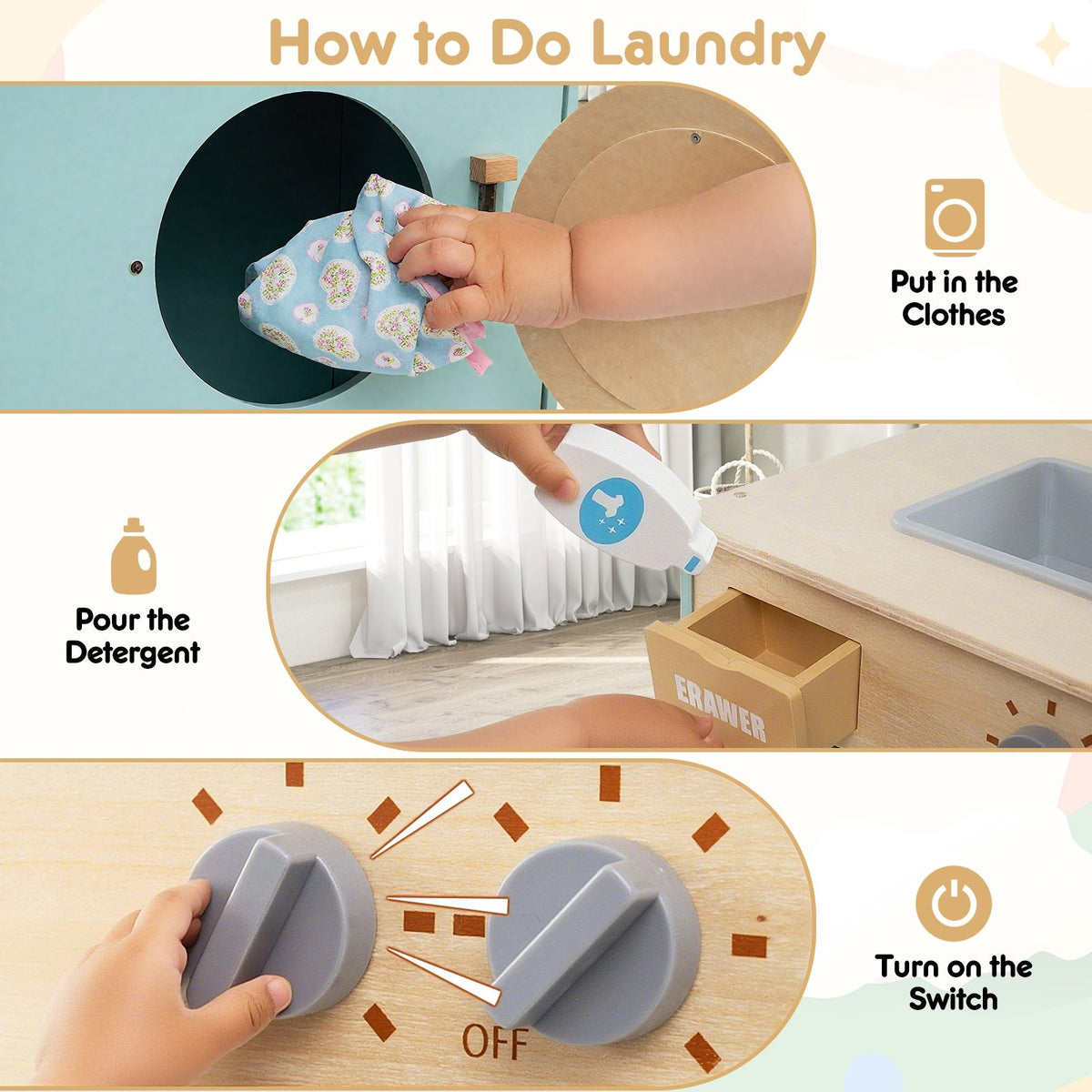Kids Washer Playset Toy Washing Machine with Laundry Detergent-Blue view 7