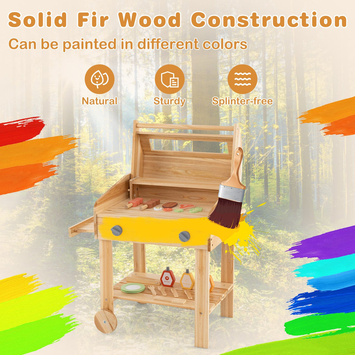 Kids Wooden Barbecue Grill Playset Pretend Kitchen with Food and Wheels-Natural view 4
