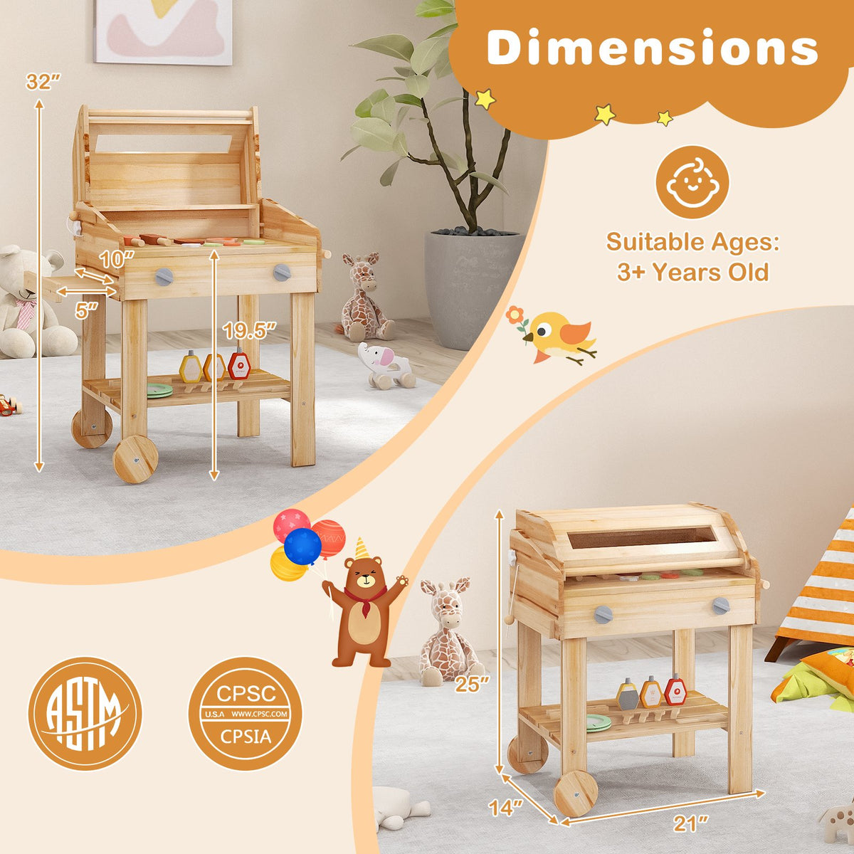Kids Wooden Barbecue Grill Playset Pretend Kitchen with Food and Wheels-Natural view 5