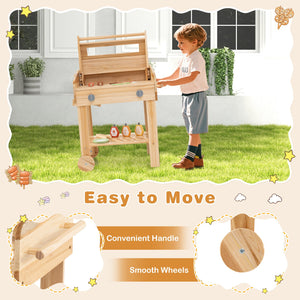 Kids Wooden Barbecue Grill Playset Pretend Kitchen with Food and Wheels-Natural view 6