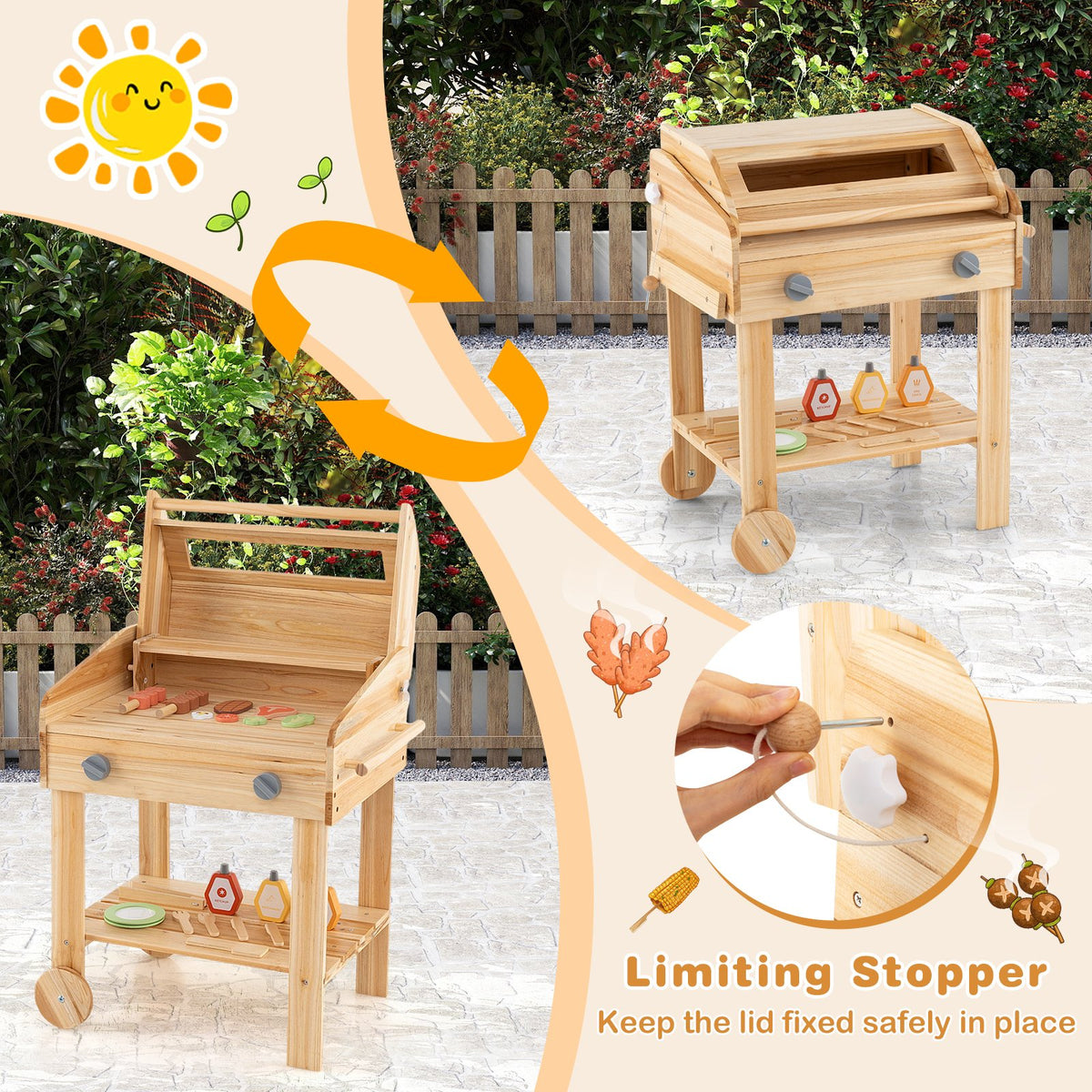 Kids Wooden Barbecue Grill Playset Pretend Kitchen with Food and Wheels-Natural view 7