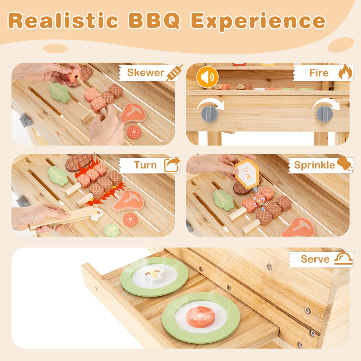 Kids Wooden Barbecue Grill Playset Pretend Kitchen with Food and Wheels-Natural view 8
