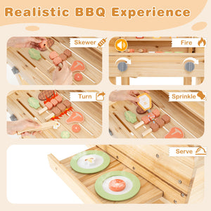 Kids Wooden Barbecue Grill Playset Pretend Kitchen with Food and Wheels-Natural view 8