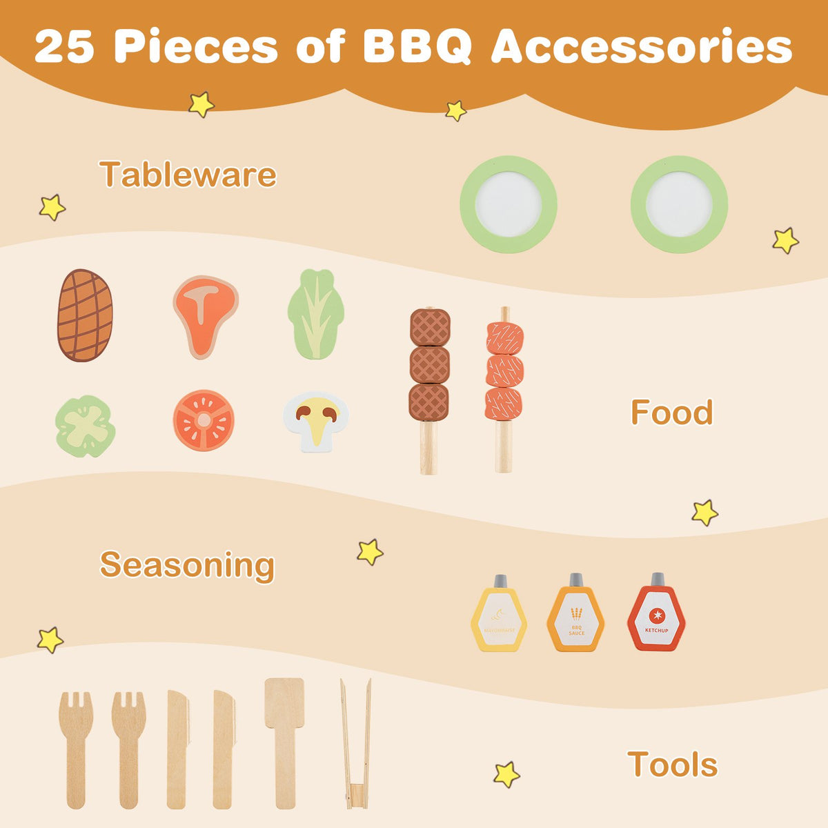 Kids Wooden Barbecue Grill Playset Pretend Kitchen with Food and Wheels-Natural view 9