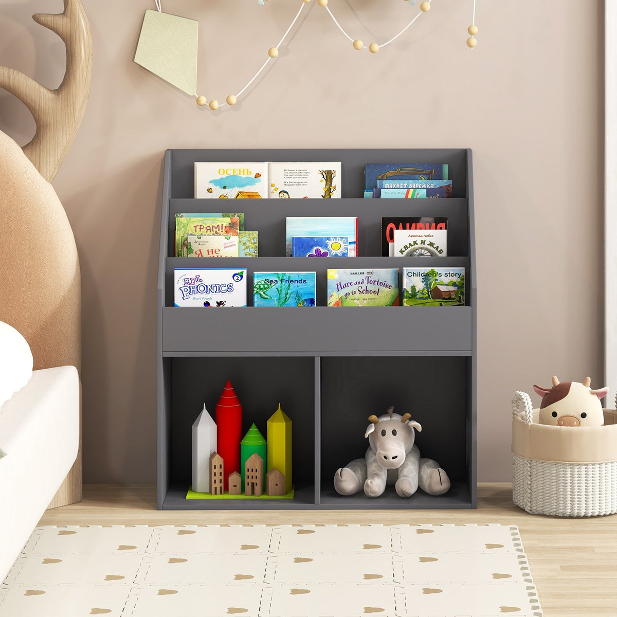Kids Wooden Bookshelf Bookcase Children Toy Storage Cabinet Organizer-Gray view 2