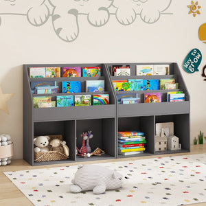 Kids Wooden Bookshelf Bookcase Children Toy Storage Cabinet Organizer-Gray view 3