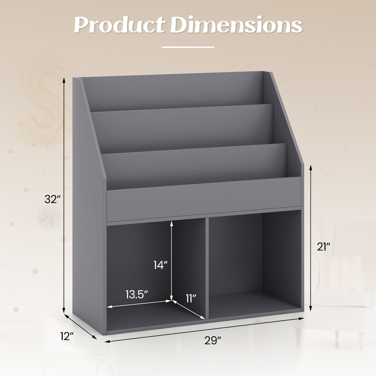 Kids Wooden Bookshelf Bookcase Children Toy Storage Cabinet Organizer-Gray view 4
