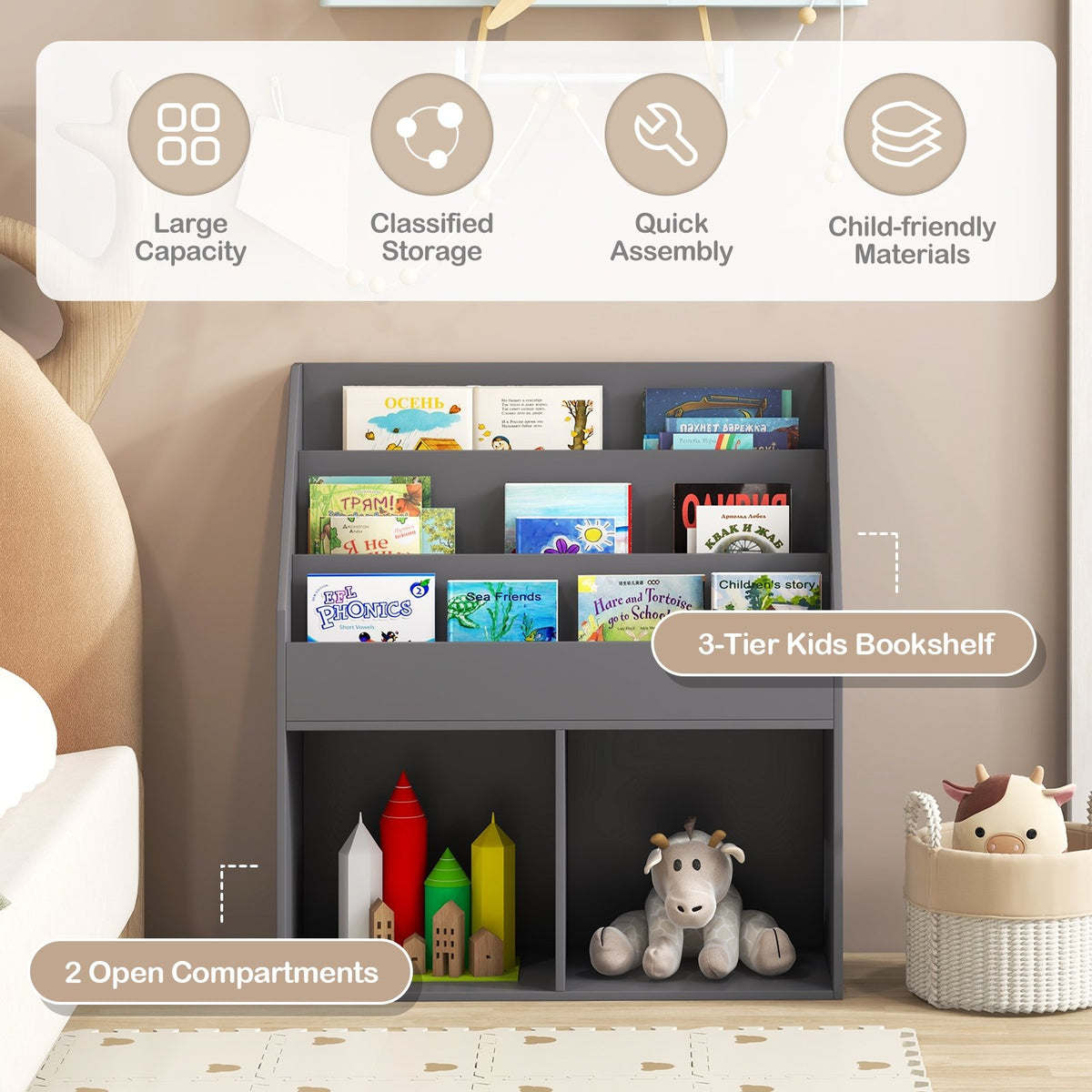 Kids Wooden Bookshelf Bookcase Children Toy Storage Cabinet Organizer-Gray view 5