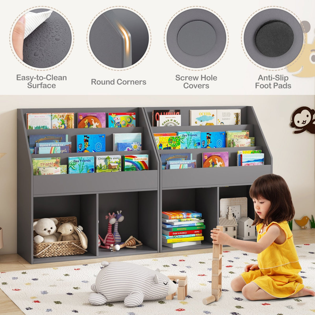 Kids Wooden Bookshelf Bookcase Children Toy Storage Cabinet Organizer-Gray view 7