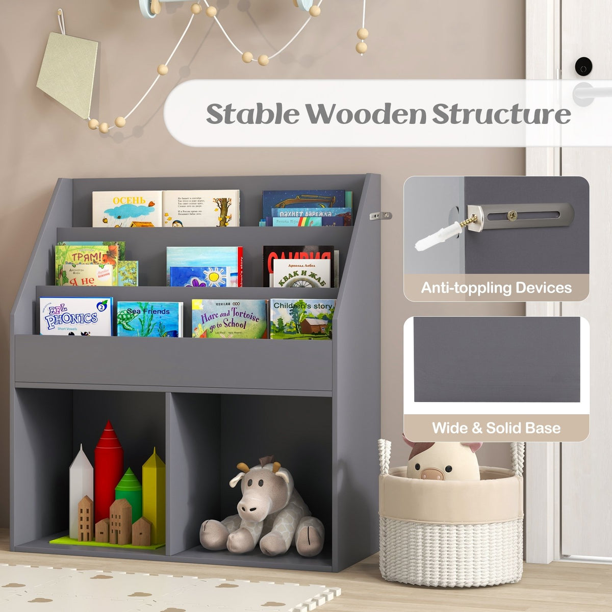 Kids Wooden Bookshelf Bookcase Children Toy Storage Cabinet Organizer-Gray view 8