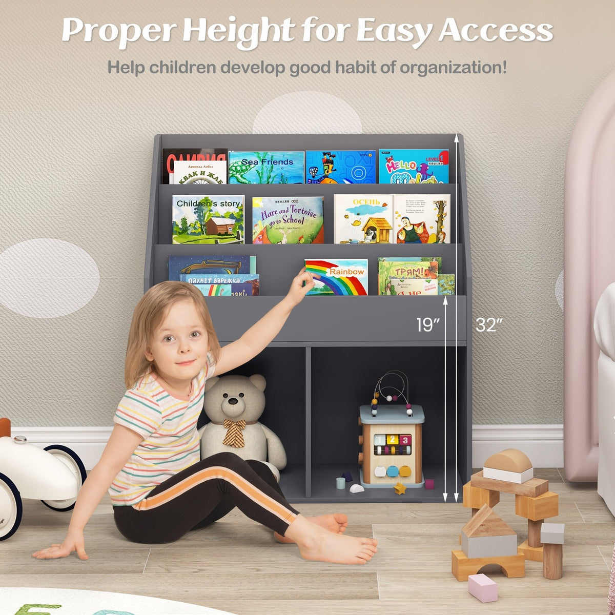 Kids Wooden Bookshelf Bookcase Children Toy Storage Cabinet Organizer-Gray view 9
