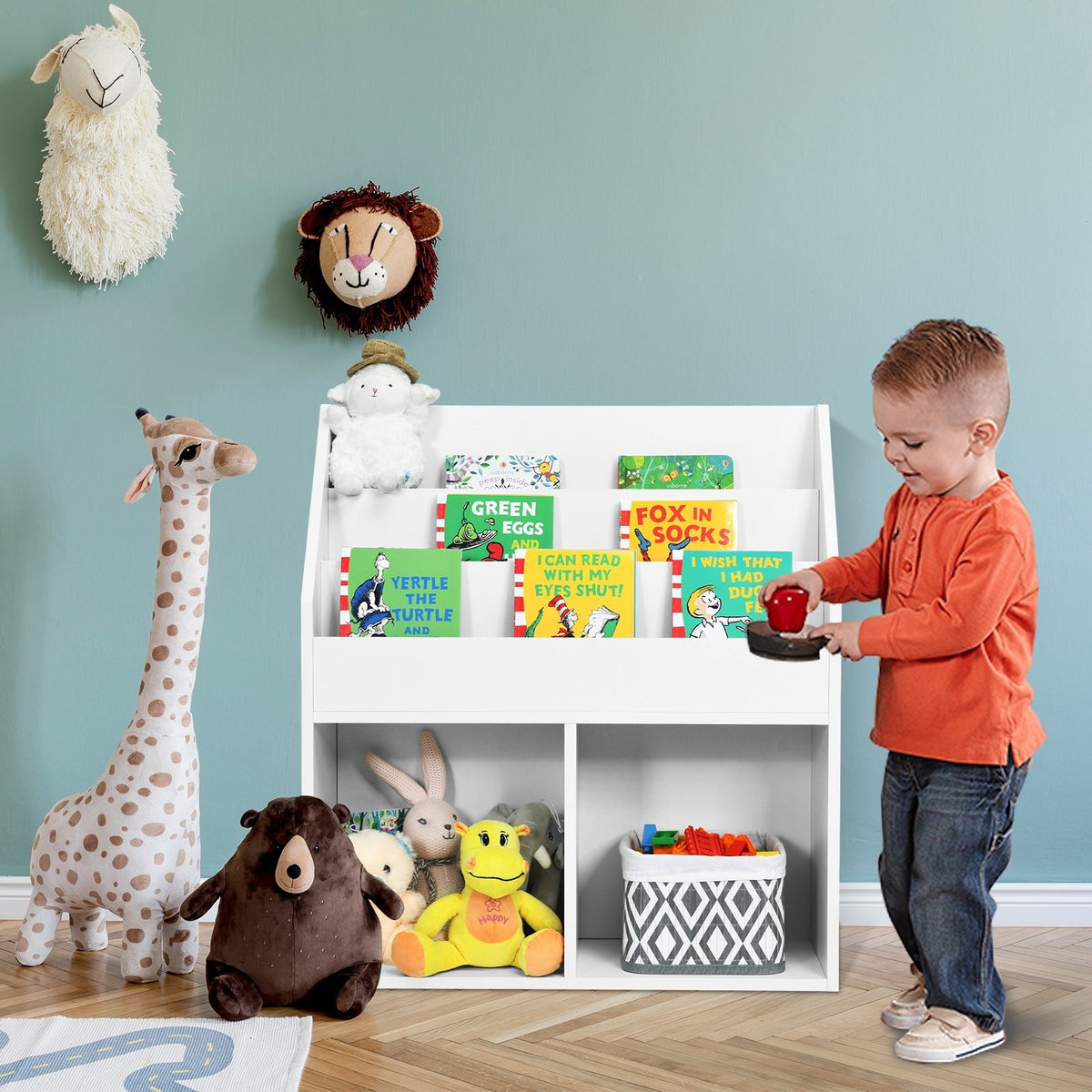 Kids Wooden Bookshelf Bookcase Children Toy Storage Cabinet Organizer White view 2