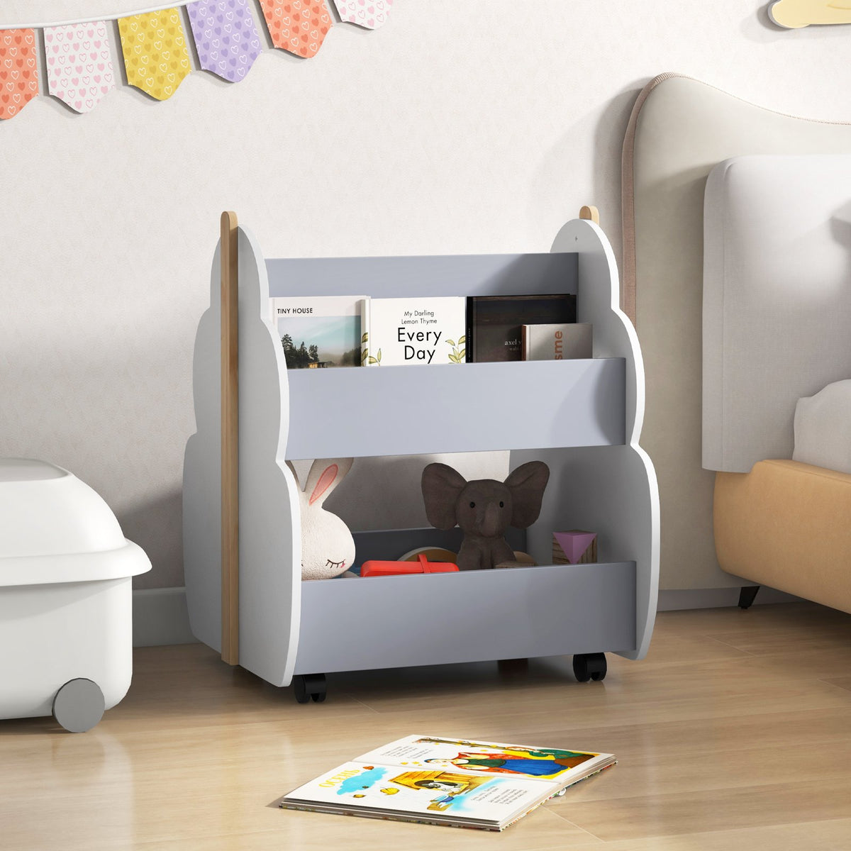 Kids Wooden Bookshelf with Universal Wheels-Gray view 2