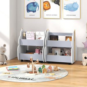 Kids Wooden Bookshelf with Universal Wheels-Gray view 3