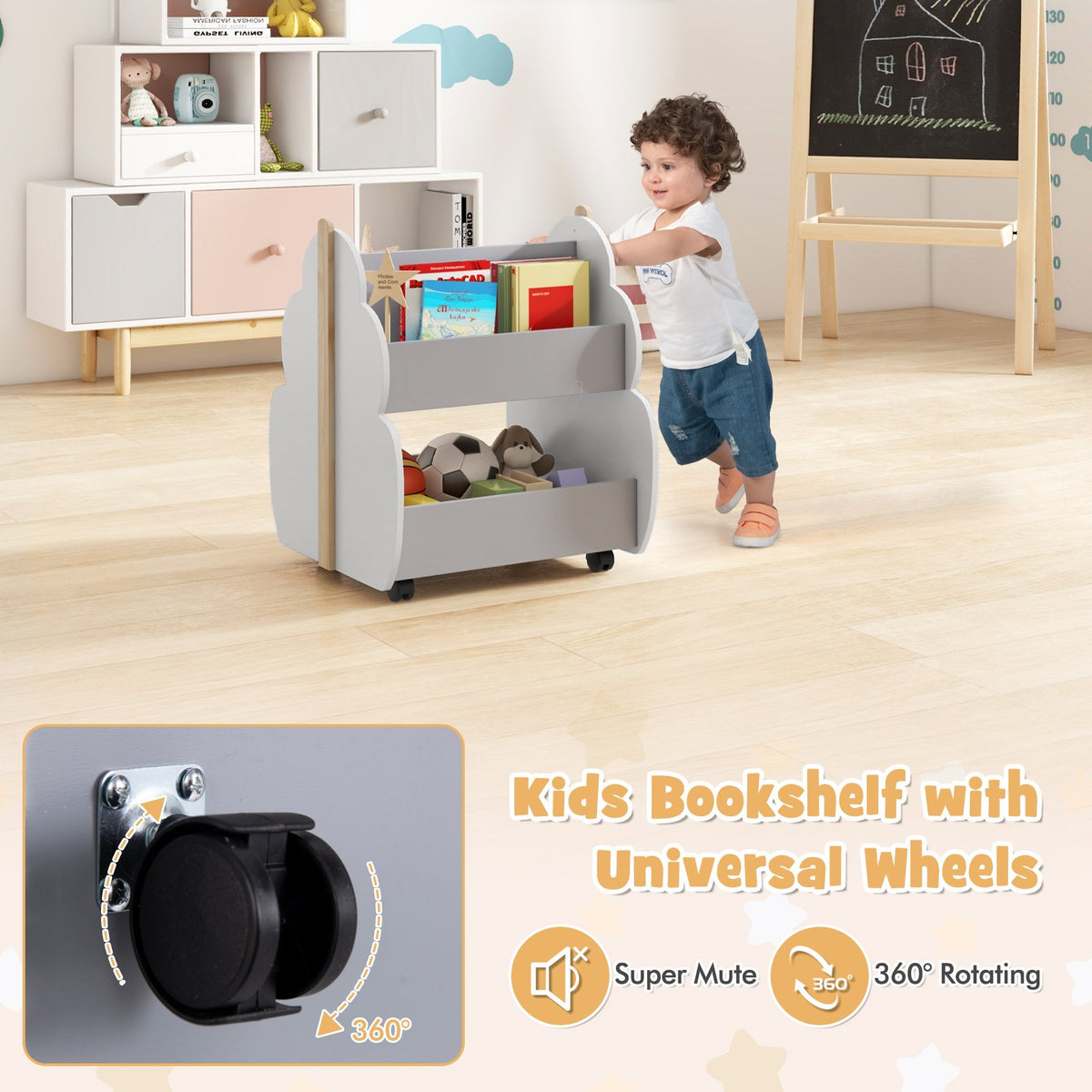 Kids Wooden Bookshelf with Universal Wheels-Gray view 6