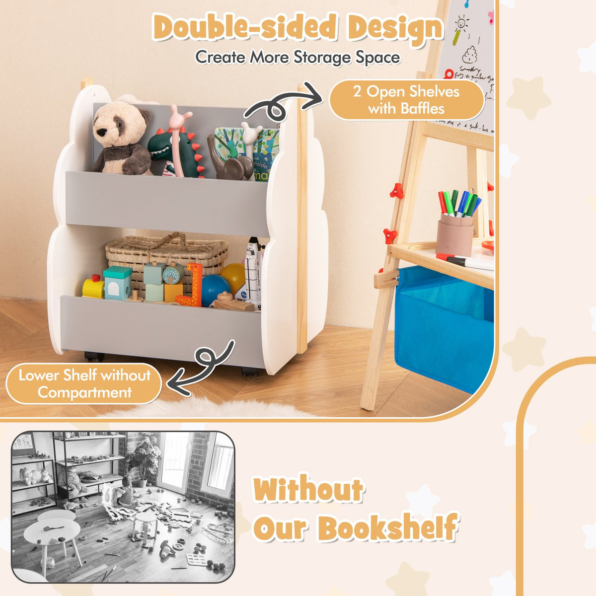 Kids Wooden Bookshelf with Universal Wheels-Gray view 8