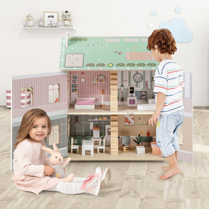 Kids Wooden Dollhouse 3 Level with Double-Sided Roofs and Doors-Pink view 2