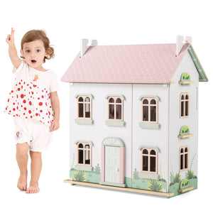 Kids Wooden Dollhouse 3 Level with Double-Sided Roofs and Doors-Pink view 4